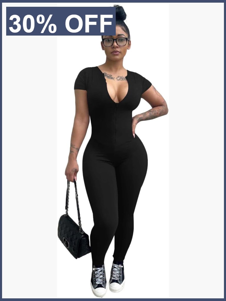 Women's Summer Jumpsuit Short Sleeve Zip Front Romper Dressy Casual One Piece